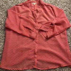 ANTILIA FEMME Womens Size Large Blouse Roll Cuff Sleeve Chevron Chiffon Top